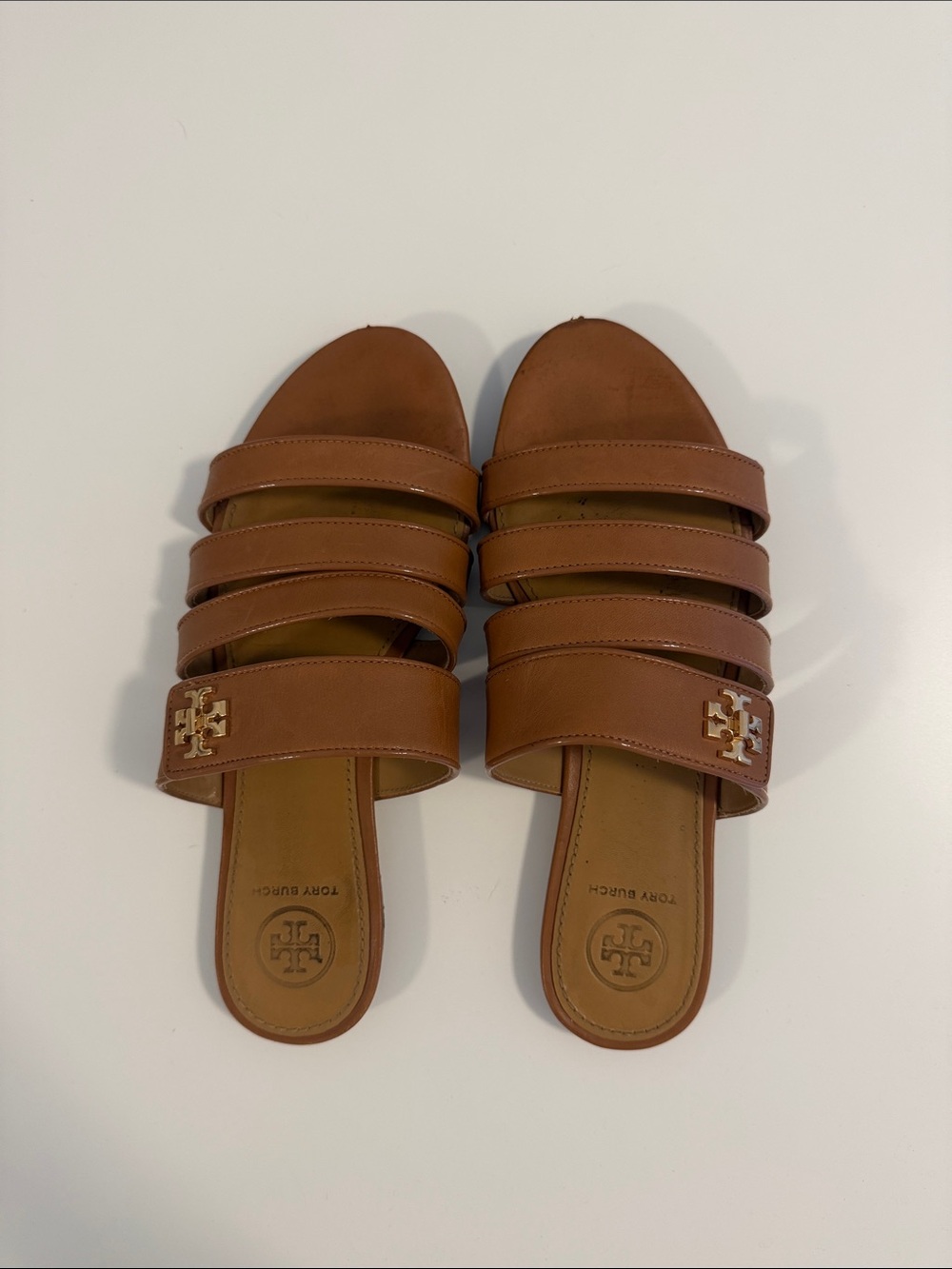 Tory Burch Brown Leather Multi-Strap Slide Sandals with Gold Logo